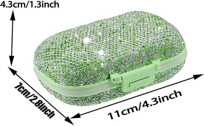 Daily 6 Compartments Pill Box Container Bling Diamond for Purse Medicine Container Holder for Women Travel Kit Medicine (AB Green)