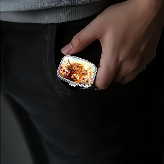 Pill Box-2 Compartment Small Pill Case Portable for Pocket & Purse Single Pill Carrier Pill Container to Hold Vitamins Medication Fish Oil and Supplements BPA-Free(Highland Cow)