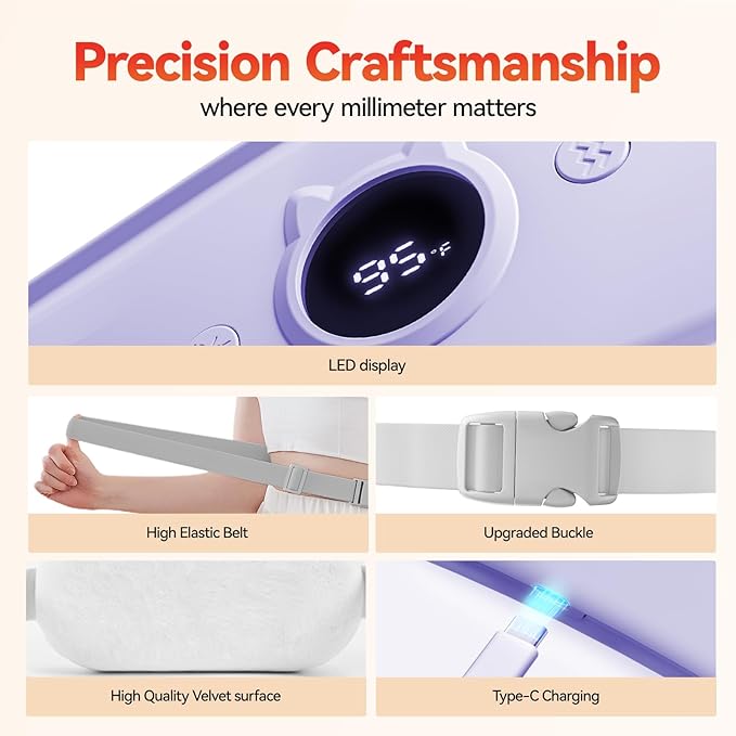 Portable Heating Pad for Period Cramps Relief Vibrating Menstrual Heating Belt for Women, Fast Heat with 7 Heat Levels and 7 Modes for Menstrual, Pain Relief for Back & Stomach-Purple