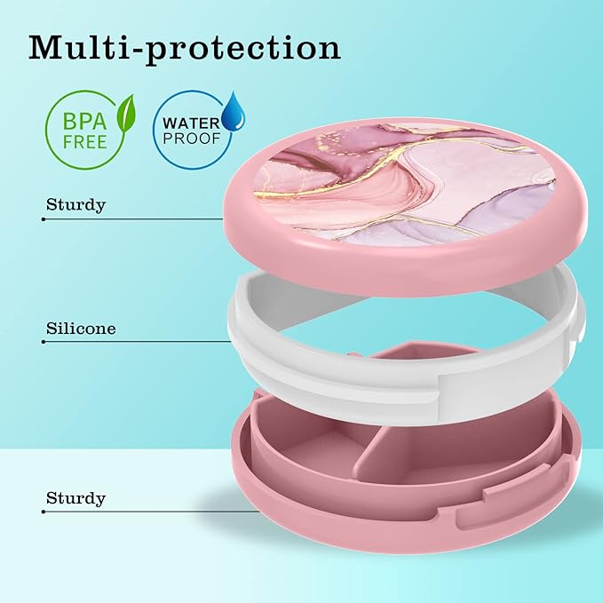 Serfeymi Small Pill Case for Purse, Unique Artistic Patterns Travel Pill Box with 4 Compartments, Portable Mini Pill Organizer for Pocket, Decorative Pill Container for Purse - Pink(Marble)