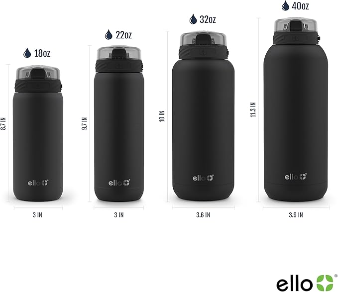 Ello Cooper 40oz Stainless Steel Water Bottle with Straw and Carry Handle, Double Walled and Vacuum Insulated Metal, Leak Proof Locking Lid with Soft Silicone Spout, Reusable, BPA Free, Black