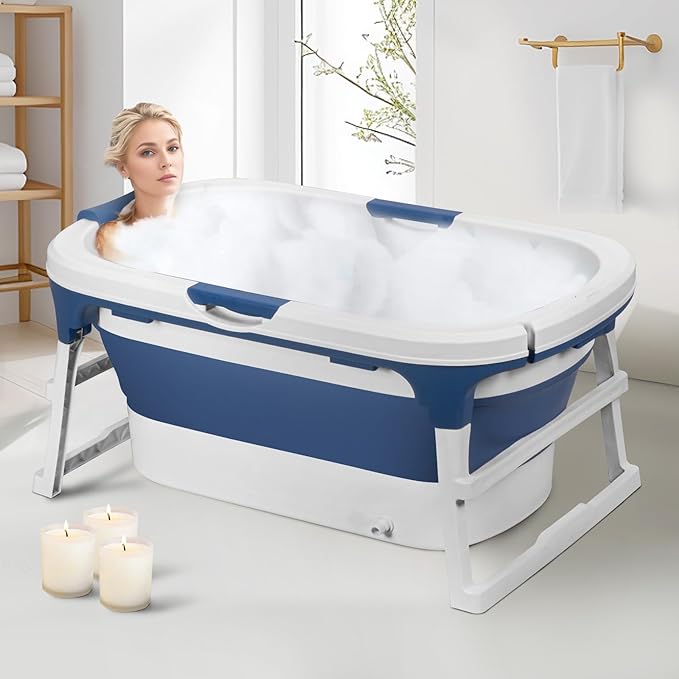 Portable Bathtub, 58/56/50/46 Inch Collapsible Bathtub, Freestanding Foldable for Adults, Folding Tub for Shower, Hot Bath, Ice Bath (Blue-C-140cm)