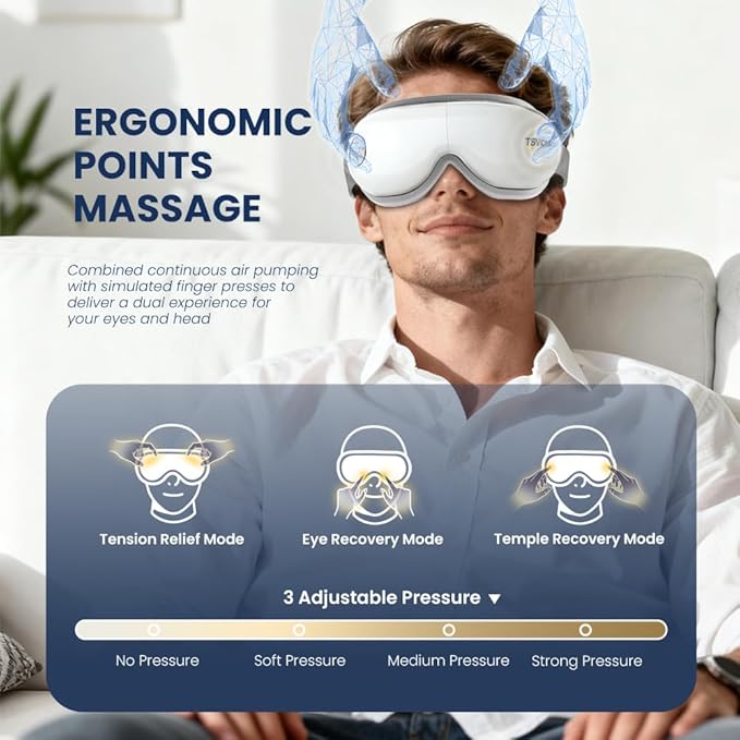 Heated Eye Massager, Eye Massager with Heat and Cooling Birthday White Elephant Gifts for Women Men Wife Him Her Eye Mask Massager for Eyes Strain Dry Eye Migraine Relief Improve Sleep White