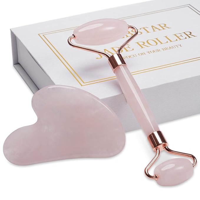 Jade Roller for Face, Facial Roller Massager Skin Care Tool, Gua Sha Facial Tools for Face, Neck, Eyes, Reduce Puffiness of The Skin (APink)