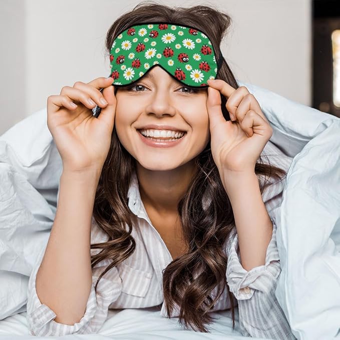 Ladybirds Daisy Sleep Mask Eye Mask Lady Beetle Ladybug Flying Insect Flowers Nature Green Sleep Mask Light Blocking Adjustable Soft Eye Masks for Women Deep Rest Travel
