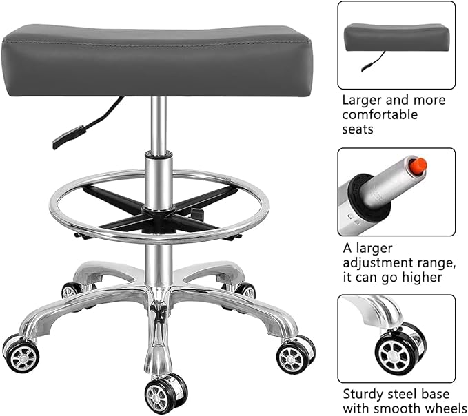 Antlu Adjustable Rolling Swivel Stool Chair for Massage Office Tattoo Kitchen, Work Stool with Wheels (Grey, with Foot Ring)