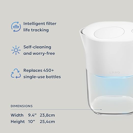 LARQ PureVis 3-in-1 Water Pitcher – Purifier, Filter & Tracking, 8-Cup Water Purifier Pitcher with Advanced Filter for Clean & Crisp Water – Removes Chlorine, PFAS, Lead & More – Pure White