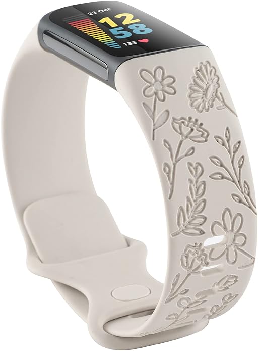 Flower Engraved Bands Compatible with Fitbit Charge 5 Band/Charge 6 Bands Women Cute Floral Engraving Soft Silicone Sport Strap Replacement Wristband for Fitbit Charge 5/6 Tracker Accessories
