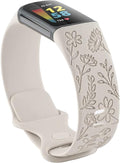 Flower Engraved Bands Compatible with Fitbit Charge 5 Band/Charge 6 Bands Women Cute Floral Engraving Soft Silicone Sport Strap Replacement Wristband for Fitbit Charge 5/6 Tracker Accessories