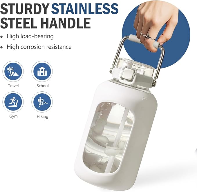 BLUEGO 100 oz Glass Water Bottle with Straw, Huge 3 Liter Water Bottle with Sturdy Handle, Glass Water Jug with Sleeve, Wide Mouth Water Container with Time Marker, White