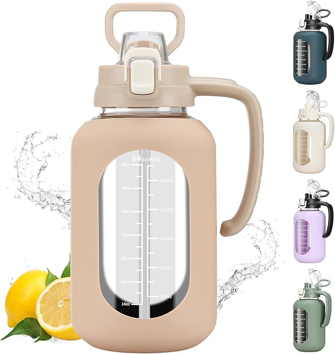 64 oz Glass Water Bolttles Half Gallon Large Motivational Water Bottle with Time Marker Sports Water Bottles with Silicone Sleeve and Handle Lid Water Jug for Gym Workout