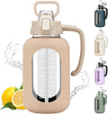 64 oz Glass Water Bolttles Half Gallon Large Motivational Water Bottle with Time Marker Sports Water Bottles with Silicone Sleeve and Handle Lid Water Jug for Gym Workout