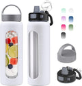 Kodrine 24oz Glass Water Bottle With Straw-2 lids-Reusable Daily Water Intake Glass Bottle with Measurements,Silicone Sleeve, Time Marker, Cupholder Friendly for Home,Gym,Sports-White