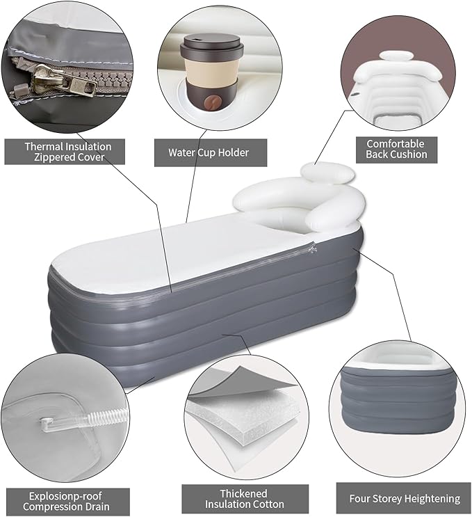 B&Y Portable Adult Soaking Bathtub, Ice Bath Tub Family Home Spa Tub with Zipper Cover, Designed with Headrest, Cup Holder (Air Pump Included) (Rectangular-164x84x51cm (without Machine))