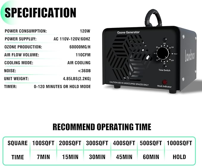 Ozone Generator 60,000mg/h, Ozone Air Purifier Deodorizer for Areas of 6,000 Square Feet, Efficient odor removal for Home, Basement, Smoke, Pet Room,Factory,Mall
