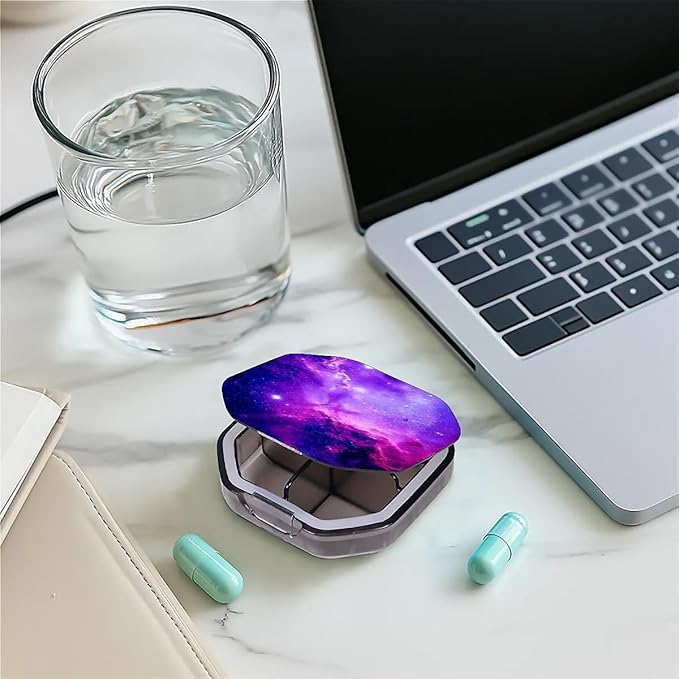 This Portable Purple Nebula Starry Sky Pattern 4-Compartment Pillbox Can Be Placed in A Pocket Or Wallet to Store Vitamins, Medicines Fish Oil Health Supplements Other Medications.