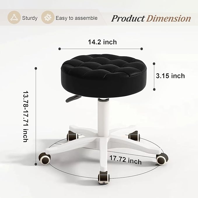 Small Rolling Stool with Wheels, PU Leather Height Adjustable Vanity Work Task Stool, 360 Swivel, Padded Seat Cushion,for Salon, Home, Office