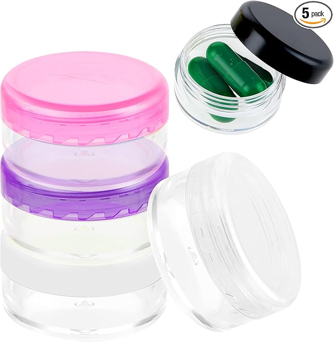 Small Pill Organizer Box, 5 Pcs Travel Pill Cases Holder Portable Daily Pill Container No BPA Mini Medicines Storage Container for Purse Pocket Briefcase (Purple/Rose Red/White/Black/Clear)