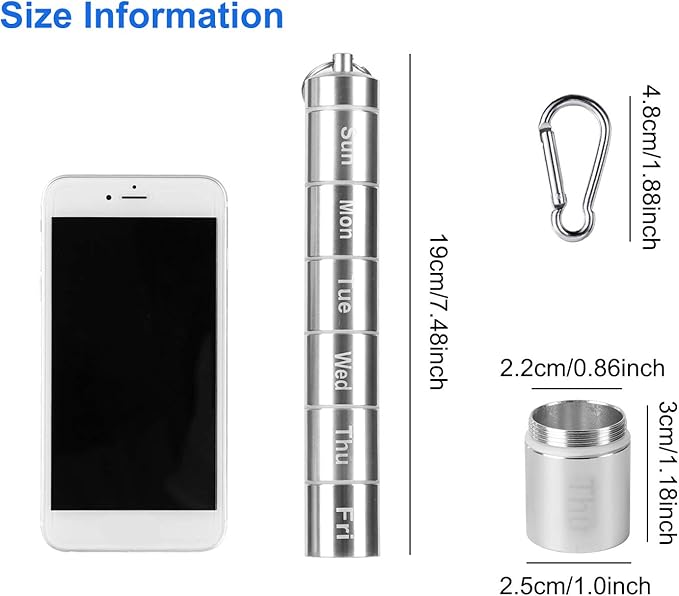 Weekly Pill Case, Portable Pill Box, Giveme5 Aluminum Alloy 7 Days Pill Holder Waterproof 7 Compartments Medicine Organizer Travel Pill Tube Pill Bottle Pill Container w/Keychain and Carabiner (1)