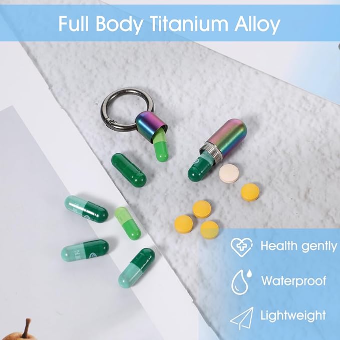 Small Pill Case Keychain Tiny Portable Carabiner Clip Pill Holder Bottle Micro Waterproof Metal Pill Container Mini Emergency Medicine Organizer for Outdoor Camping Travel Purse (Colorful)