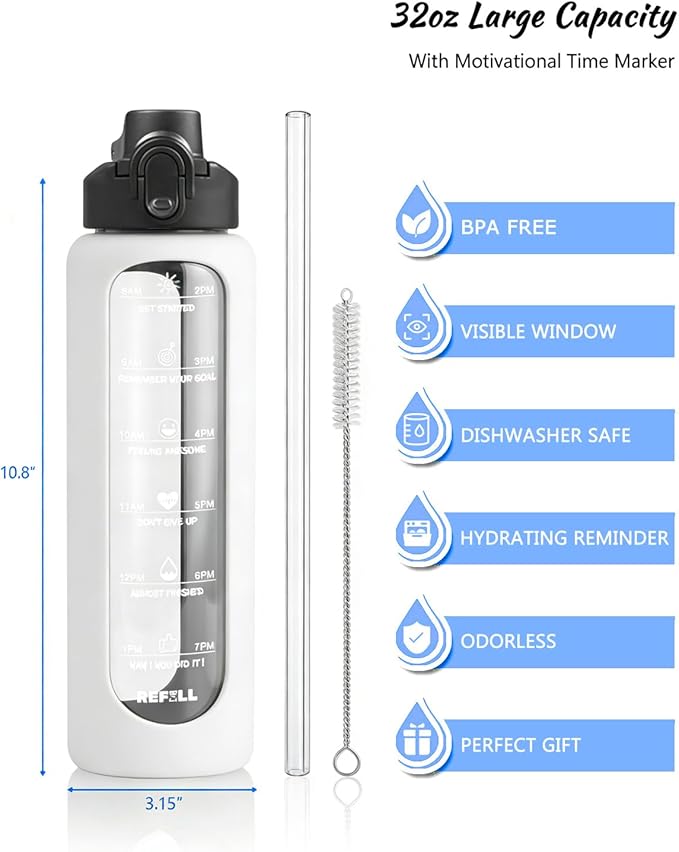 Nefeeko 32 oz Glass Water Bottles with Straw, Motivational Glass Water Bottle with Time Marker, 1 Liter BPA FREE Leakproof Reusable Glass Water Bottle with Silicone Sleeve, Bamboo Lid, Spout Lid