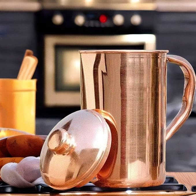 100% Pure Copper Pitcher 50.72 Oz / 1500 ml | Drinking Water Traditional Plain Pitcher With Lid | Copper Jug Handle Water Bottle | Ayurveda Health Benefits | Serving Water in Daily Use