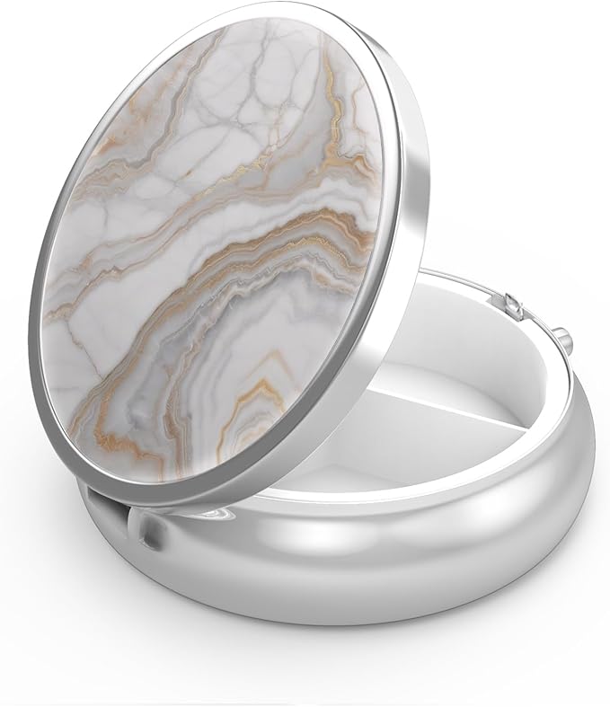 Pill Box 3 Compartment Small Pill Case,Portable for Pocket or Purse Pill Organizer Pill Container Holder to Hold Vitamins, Medication, Fish Oil and Supplements(Gray Marbling Gold)