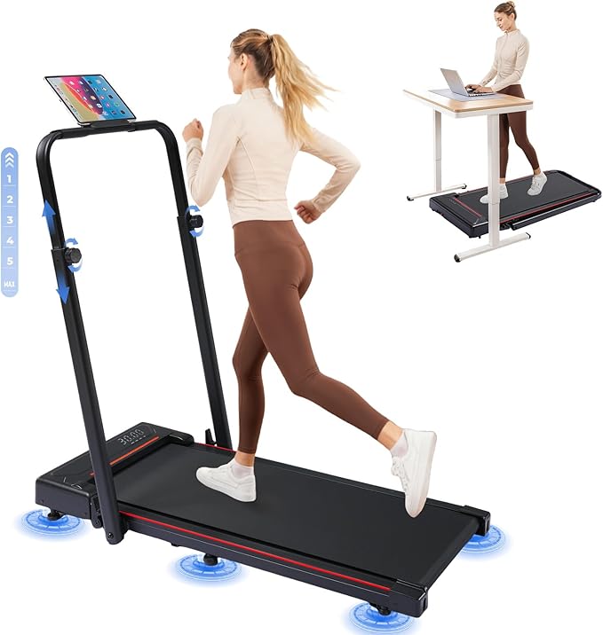GTPLAYER Walking Pad Treadmill with Adjustable Height Handle Bar, 3HP Quiet Foldable Under Desk Treadmill, Portable Treadmills for Home 350LBS with Remote Control LED Display
