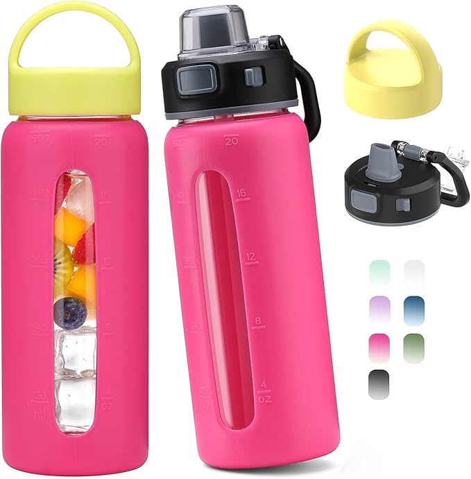 Kodrine 20oz Glass Water Bottle with Straw-2 Lids-Iced Coffee Cup with Silicone Sleeve & Time Marker, Reusable Glass Drinking Bottle for Home,Office,Outdoors, Cupholder Friendly-Rose Red