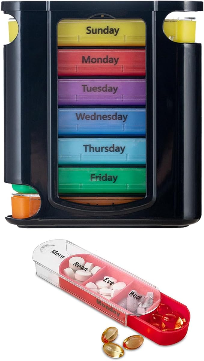 Drawer (7-Day) Pill Case, Weekly Medicine Planner, Vitamin Organizer, 4 Times a Day,Travel Medicine Pill Organizer Portable Large Compartment to Hold Medicine, Vitamin and, Clear Lids(Black)