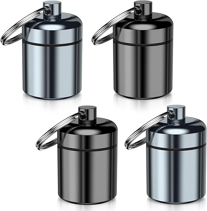 4 Pack Mini Pills Case Small Pill Holder Keychain for Purse - Portable Travel Pill Container Keychain, Waterproof Metal Daily Medicine Organizer Box for Office Outdoor Camping (Black & Grey)