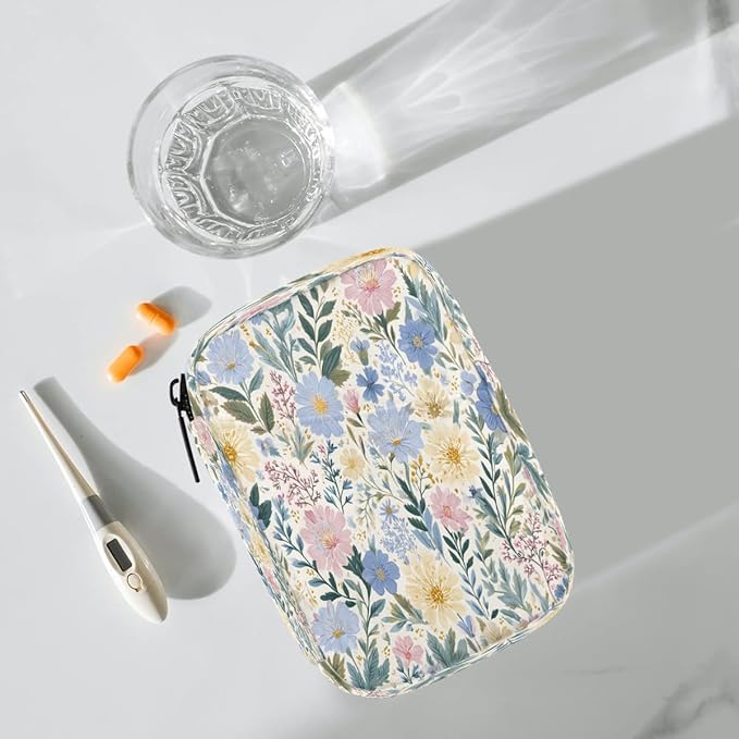 Spring Flowers Art Pill Case Travel Pill Organizer Weekly 7 Day Portable with Zipper Medicine Box Pill Case for Vitamins, Birth Control,Fish Oils,Medication, Supplements