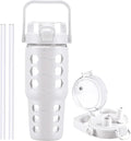 MUKOKO 32 oz Glass Tumbler with Straw,Glass Water Bottles with Time Marker,Iced Coffee Cup with Silicone Sleeve,Motivational Drinking Bottles,Leakproof-White