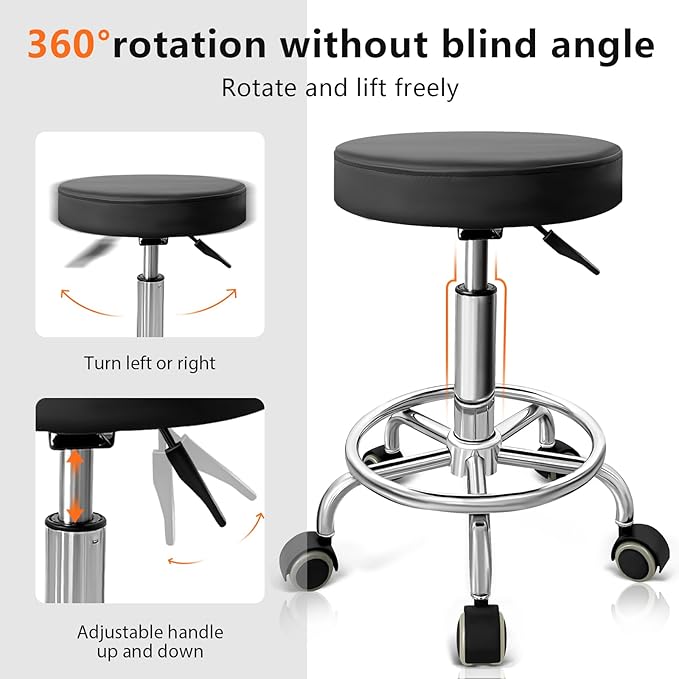 PU Leather Rolling Stool with Foot Rest Round Height Adjustment Swivel Spa Drafting Salon Tattoo Work Office Massage Vanity Stools Task Chair (Black)