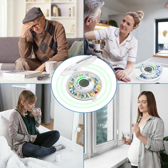 Automatic Pill Dispenser for Elderly - 28 Day Medicine Dispenser for Alzheimer's Care, Timed Medication Dispenser with Sound & Light Alerts & Key for Prescriptions, Vitamins & Supplements
