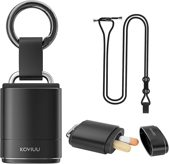 Keychain Pill Holder Necklace, KOVIUU Magnetic Pill Organizer, Aluminum Pill Case, Mini Metal Pill Box, Nitroglycerin Emergency Medicine Carrier Key Chain Container for Purse Pocket, Black