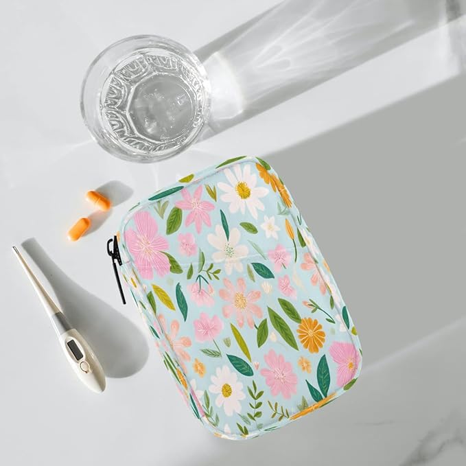 Beautiful Flowers Spring Pill Case Travel Pill Organizer Weekly 7 Day Portable with Zipper Medicine Box Pill Case for Vitamins, Birth Control,Fish Oils,Medication, Supplements