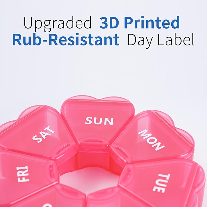 Pink Weekly Pill Organizer, Pill Box 7 Days, Daily Vitamin Case with Large Capacity Compartments, Pills Containers for Fish Oil Medicine and Other Supplements