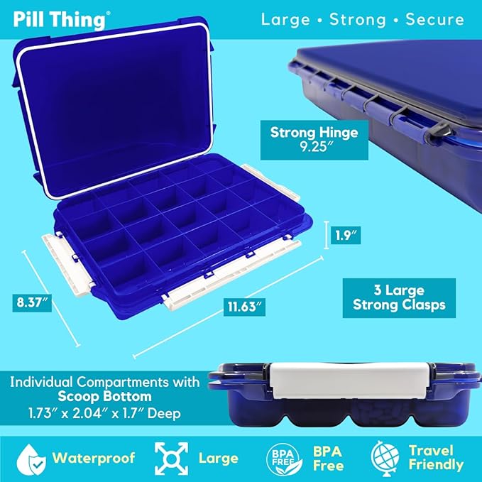 20 Compartment Large Pill Case, Combo of Clear & UV Protected Blue, Airtight & Waterproof Silicone Seal, Spill Proof, Medication Maps & Medical Alert Card (Combo Pack - 1 Blue & 1 Clear)