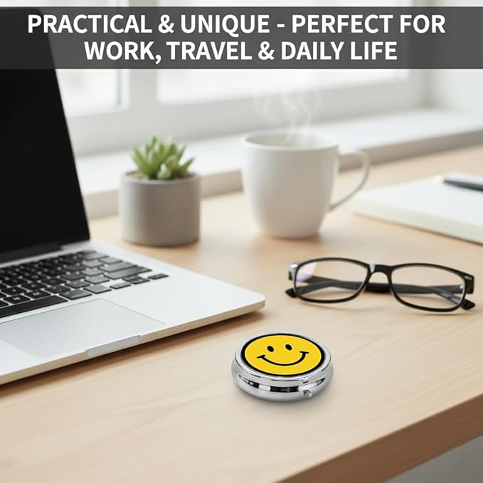 Smile Face Pill Box 3 Compartment Small Pill Case,Portable for Pocket or Purse Pill Organizer Pill Container Holder with Mirror to Hold Vitamins, Medication, Fish Oil and Supplements