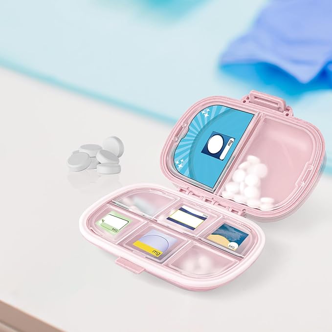 1Pack Travel Pill Organizer & 56 Medicine Name Stickers, 8 Compartments Portable Pill Case, Small Pill Box for Pocket Purse Portable Medicine Vitamin Container (Pink with Stickers)