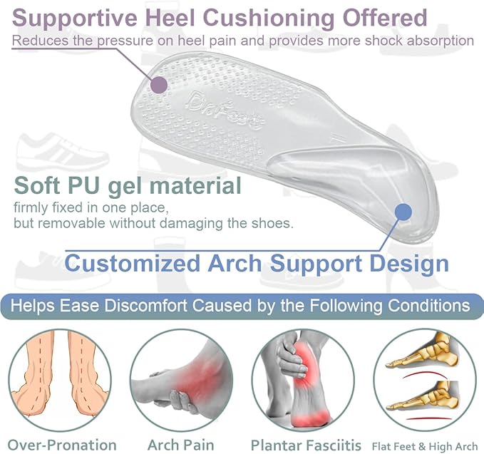 Dr.Foot Arch Support Shoe Inserts for Plantar Fasciitis Relief, Self-Adhesive Arch Pads Heel Cushion for Flats, Heel Pain, Gel Arch Insoles for Men and Women 2 Pairs (Small, Transparent)