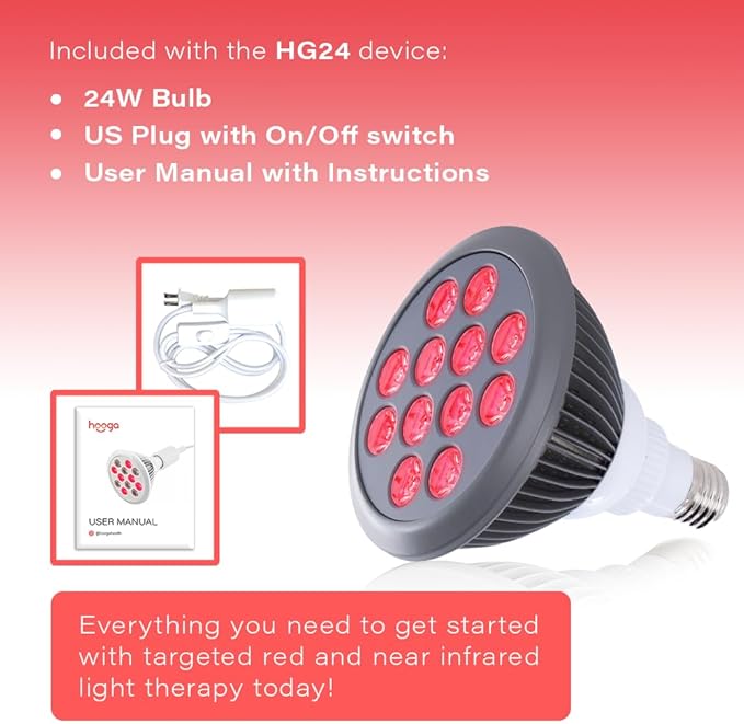 hooga Red Light Therapy Bulb, 660nm & 850nm Red & Near Infrared Light, 12 Dual-Chip LEDs, Targeted Light Bulb with Base & Braided Power Cord for Home Wellness Routine, HG24