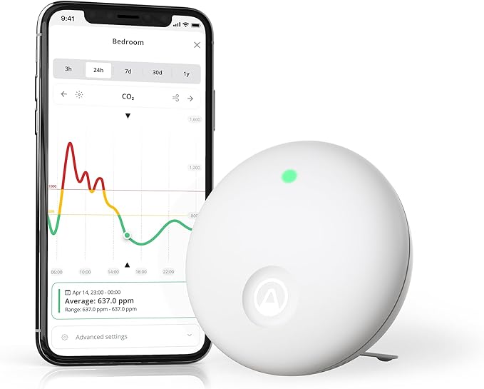 Airthings 322 Wave Enhance -Indoor Air Quality Monitor for CO2, VOC, Humidity, Temp, Pressure plus Noise & Light Sensors - Monitors Conditions for Sleep in Bedrooms & for Concentration in Home Offices