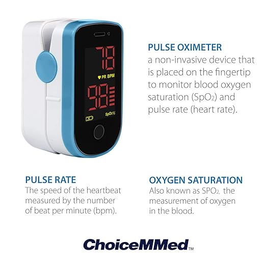 CHOICEMMED Finger Pulse Oximeter - Blue Blood Oxygen Monitor with Batteries - Portable O2 Saturation Sensor in Carry Pouch