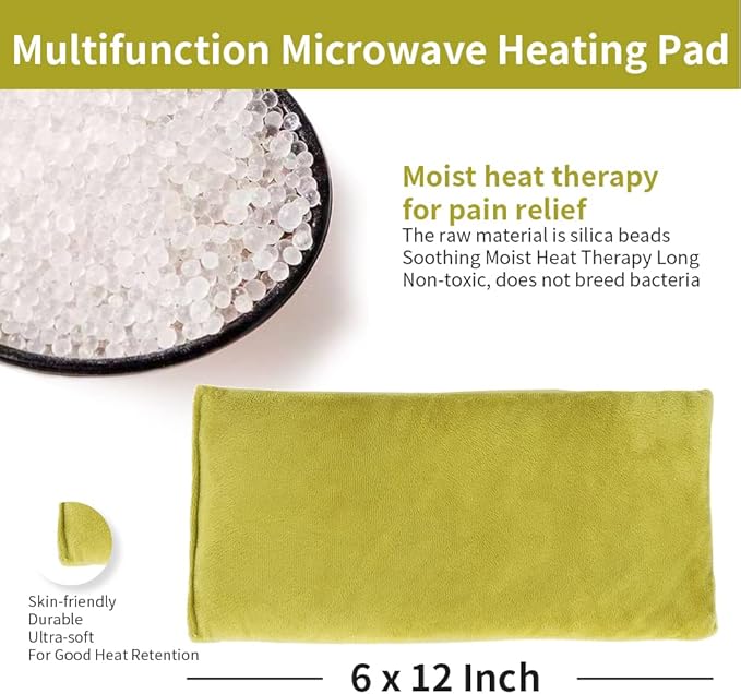 UNI-GO Silica Beads Microwave Heating Pad for Hot Compress and Cold Compress, No Smell, Reusable Microwavable Heating Pad for Back, Neck, Shoulder, Leg, Muscle Ache & Cramps. (Olive Green-6"x12")