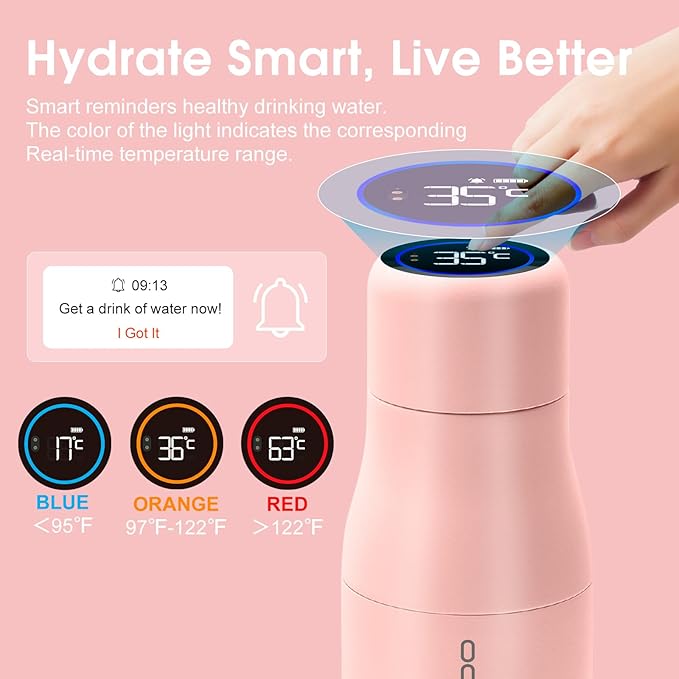 VSITOO 14.8oz Mini Smart Self-Cleaning Water Bottle，Small Insulated Stainless Steel Thermoses with AI Self-Clean, 30-Day Battery & Magnetic Charging for Travel, Gym, Office or Purse, Pink