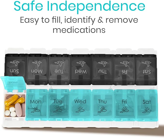Vive Pill Organizer 2 Times a Day - Weekly Large Am Pm Pill Box 7 Day - Day and Night Medication Dispenser for Vitamin, Supplements, Fish Oil - Travel Pill Case Arthritis Friendly with Push Button
