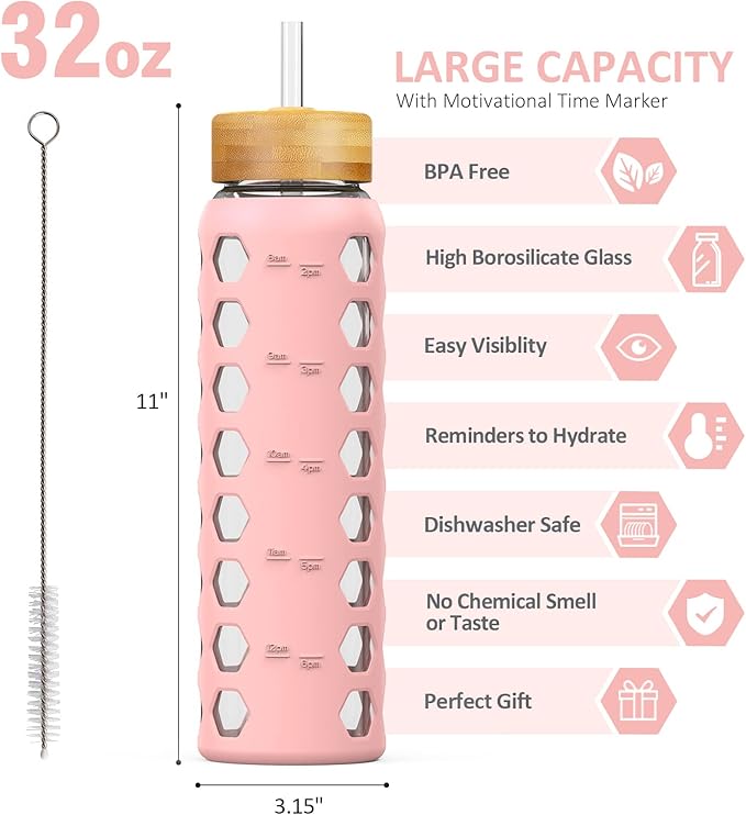 MUKOKO 32oz Glass Water Bottles with 2 Lids-Handle Spout Lid&Bamboo Straw Lid, Motivational Water Tumbler with Time Marker Reminder and Silicone Sleeve, Leakproof-Pink-1 Pack