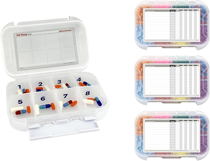 8 Time a Day Travel Sized Pill Case with Large Compartments and Airtight Seal, Adjustable Dividers, Silicone Gasket Waterproof Med Box, Numbered Stickers and Medication Map (Clear, 4 Pack)